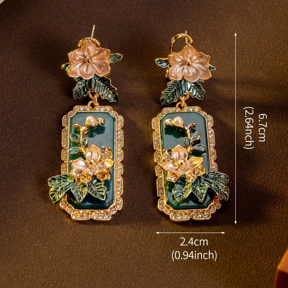 Elegant Floral Green Rectangle Earrings