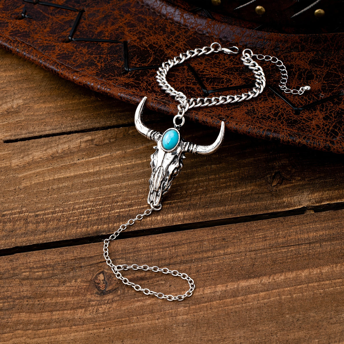 Vintage Turquoise Bull Skull Bracelet Ring Set
