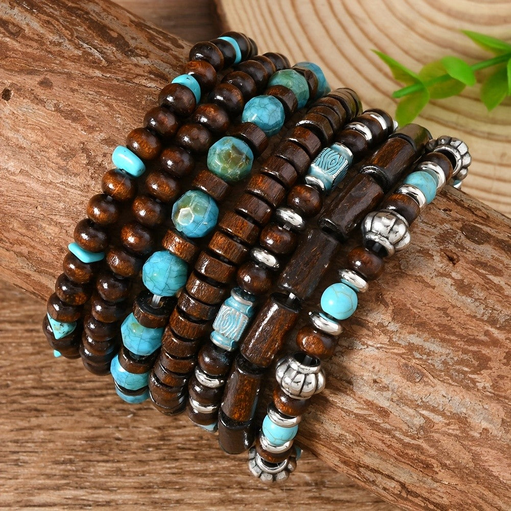 Vintage Wood Turquoise Bead Bracelet Set