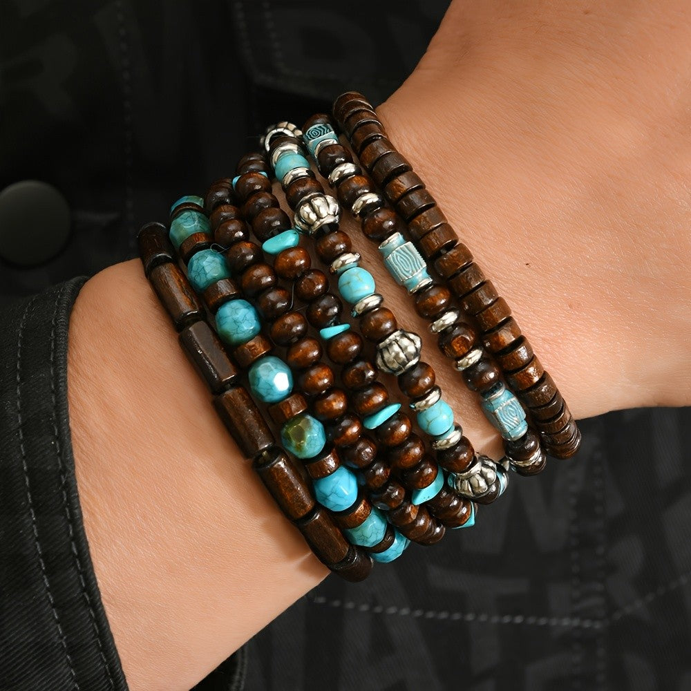 Vintage Wood Turquoise Bead Bracelet Set
