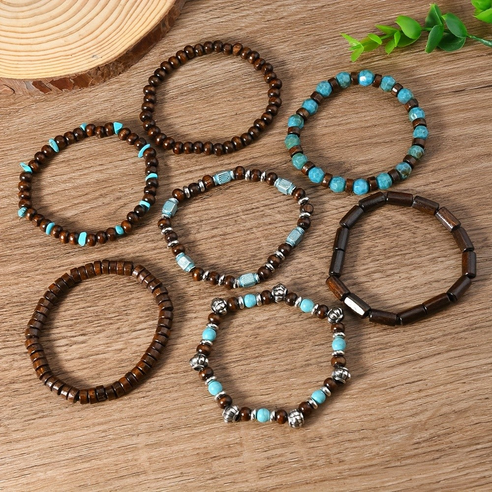 Vintage Wood Turquoise Bead Bracelet Set