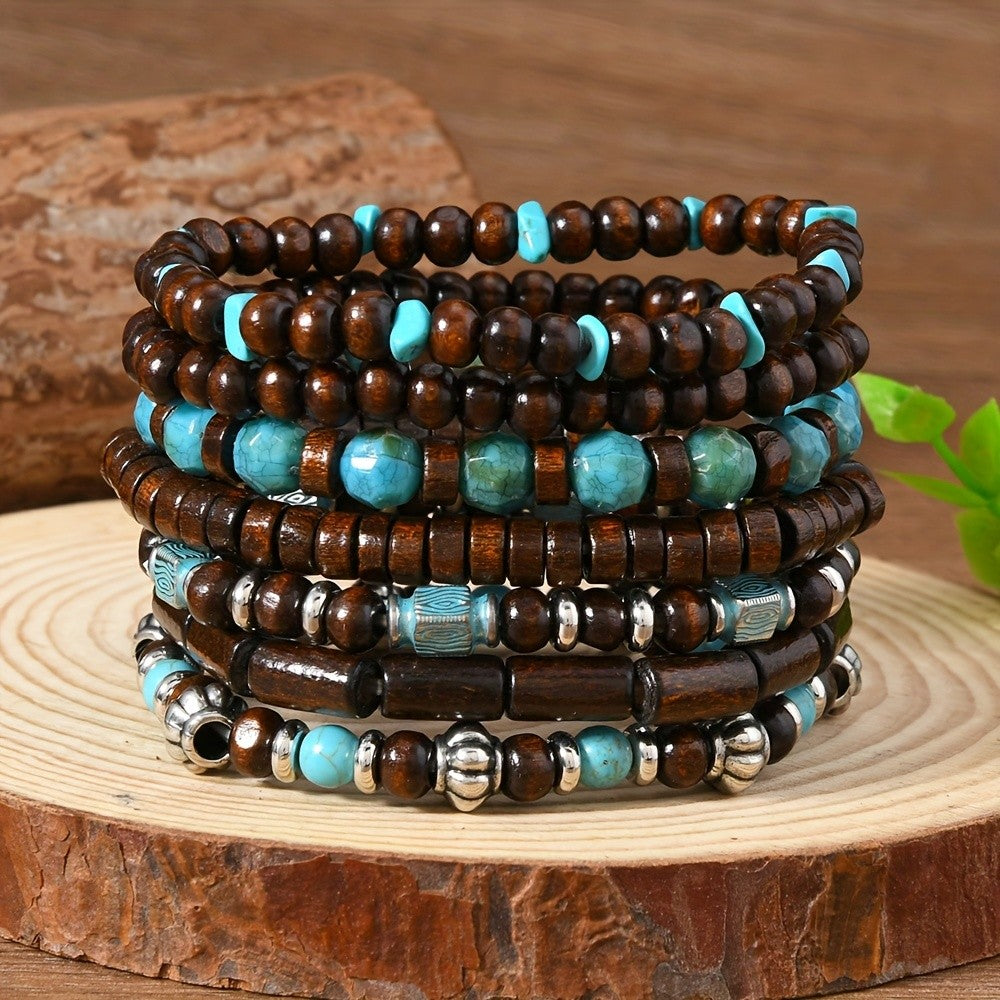 Vintage Wood Turquoise Bead Bracelet Set