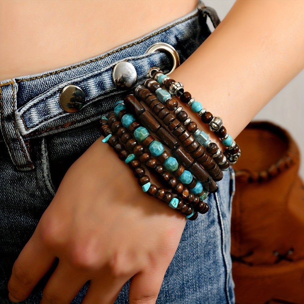 Vintage Wood Turquoise Bead Bracelet Set