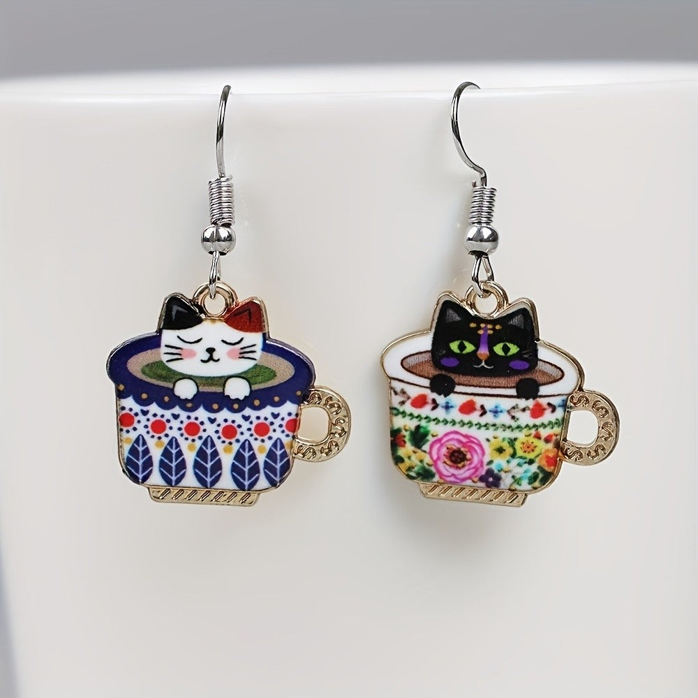Cute Vintage Cat Teacup Earrings