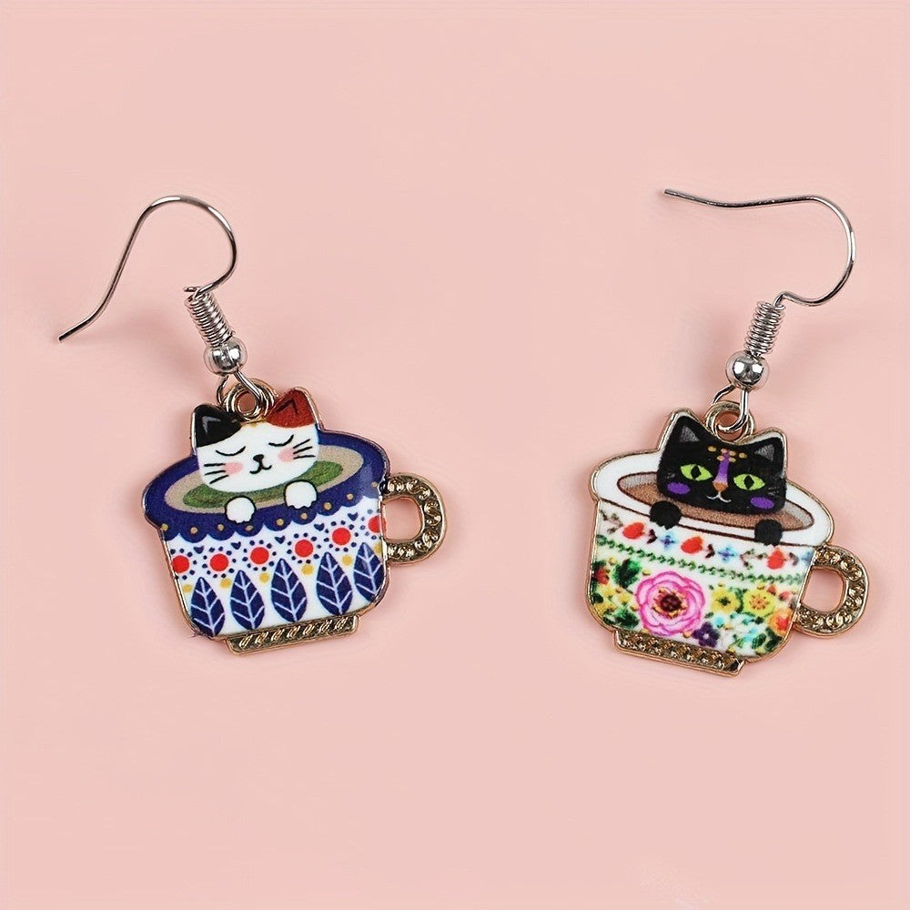 Cute Vintage Cat Teacup Earrings