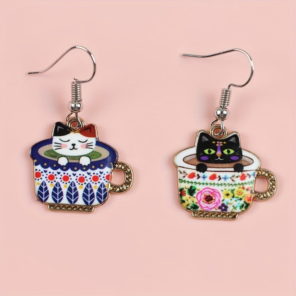 Cute Vintage Cat Teacup Earrings