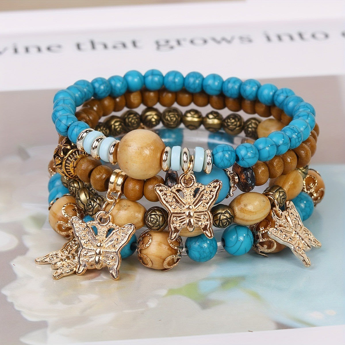 4pc Boho Wooden Bead Butterfly Bracelet Set