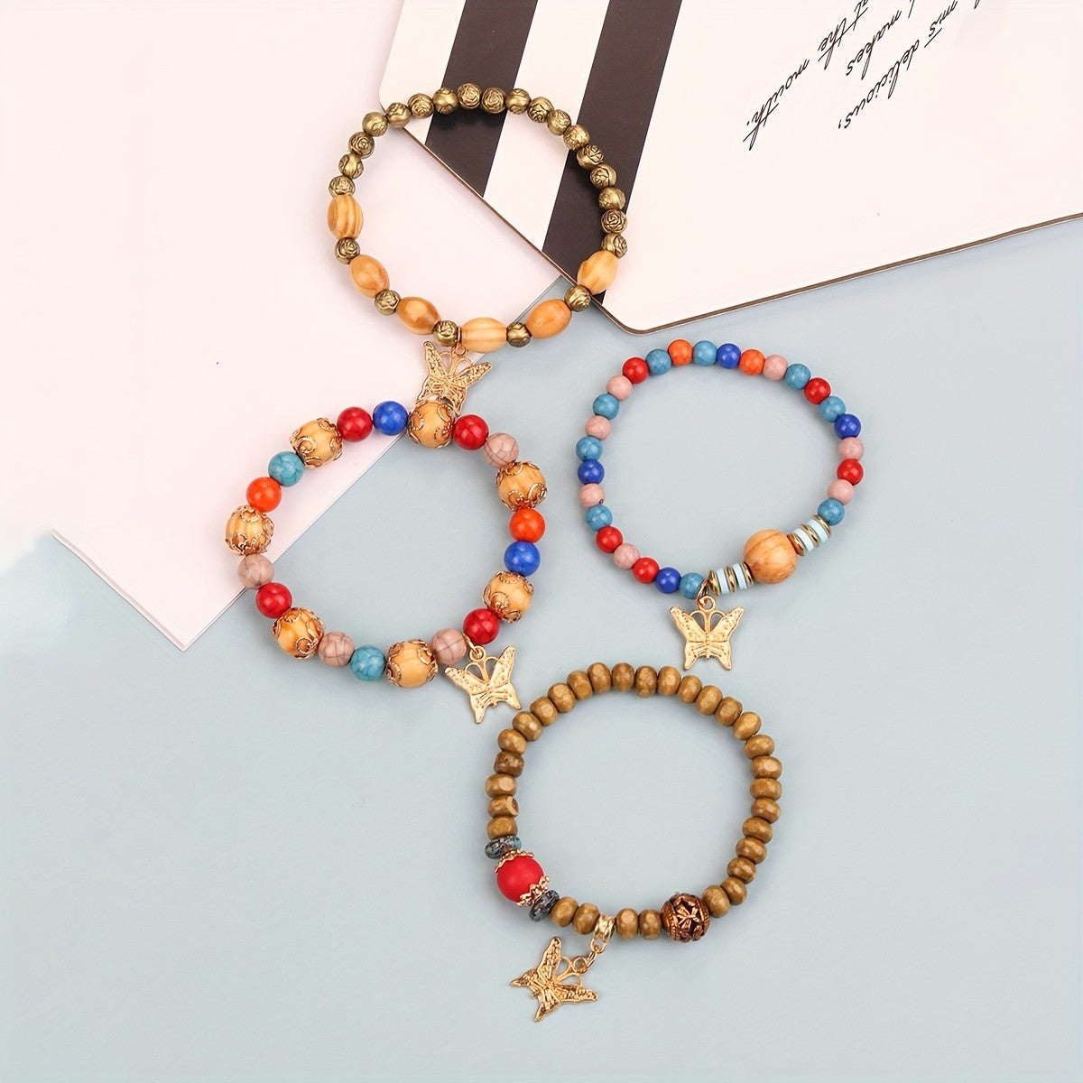 4pc Boho Wooden Bead Butterfly Bracelet Set