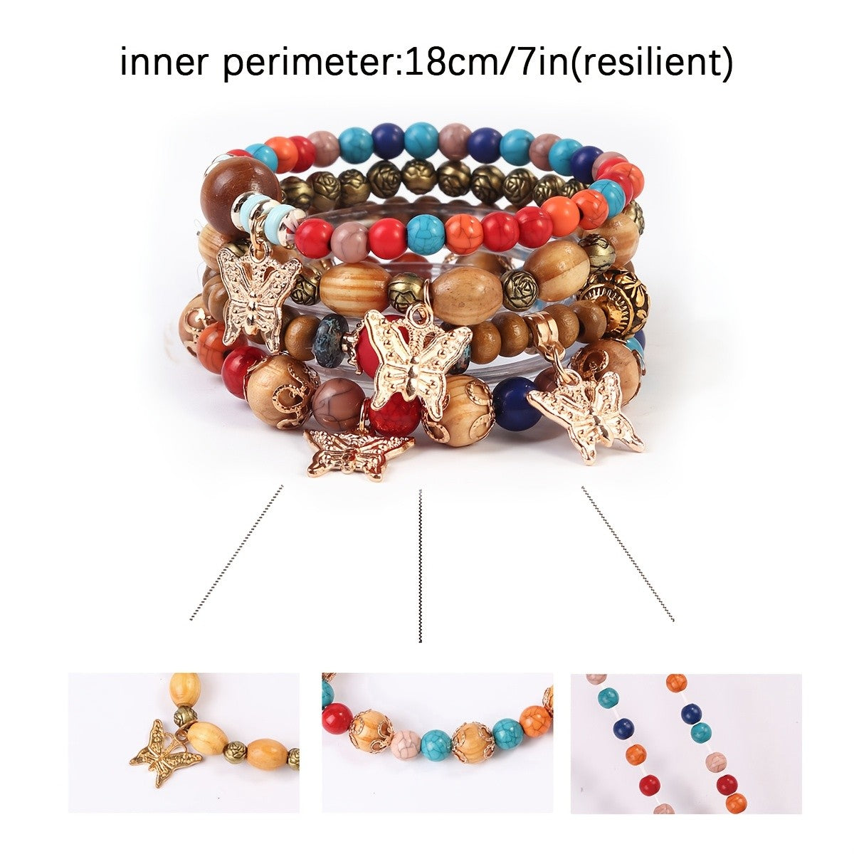 4pc Boho Wooden Bead Butterfly Bracelet Set