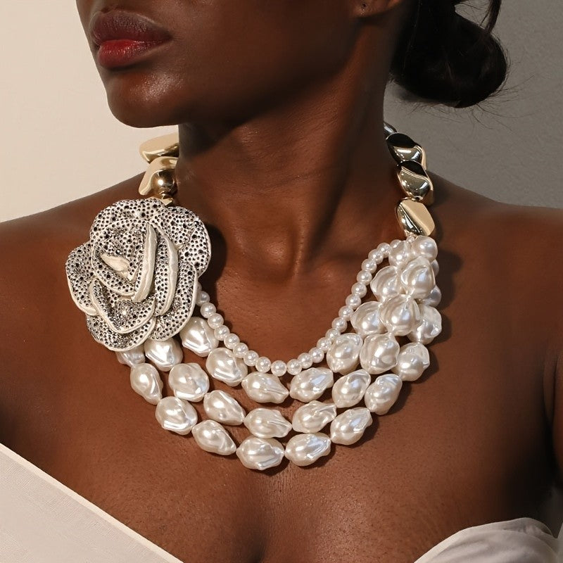 Boho 3D Floral Faux Pearl Necklace