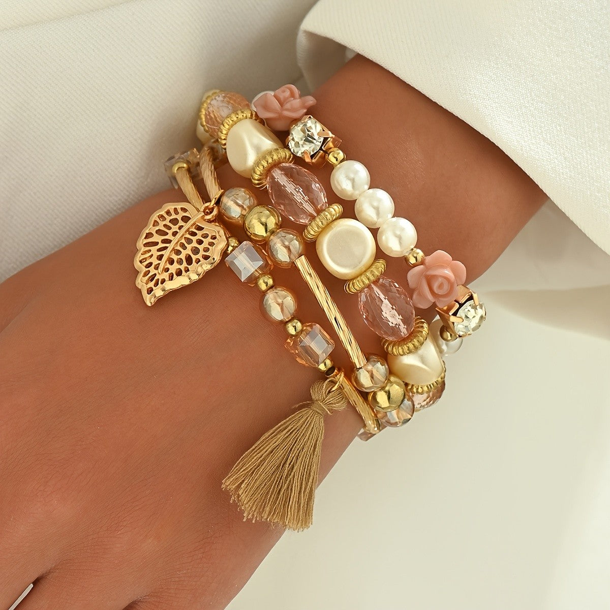 Boho Leaf Tassel Stacking Bracelet Set