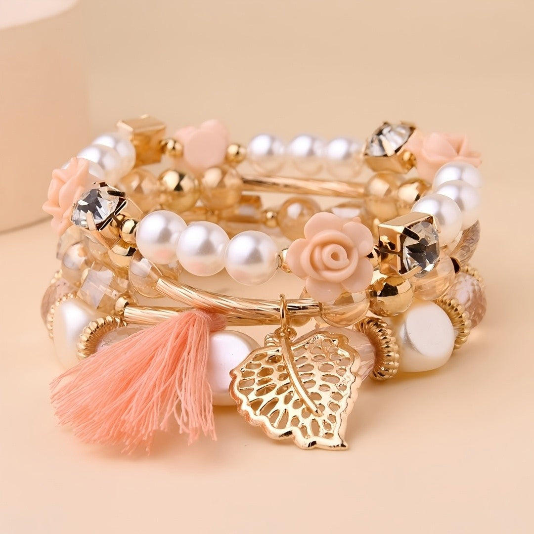 Boho Leaf Tassel Stacking Bracelet Set