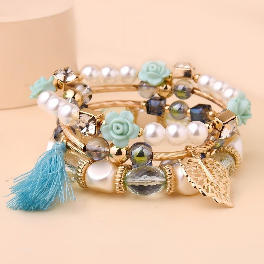 Boho Leaf Tassel Stacking Bracelet Set