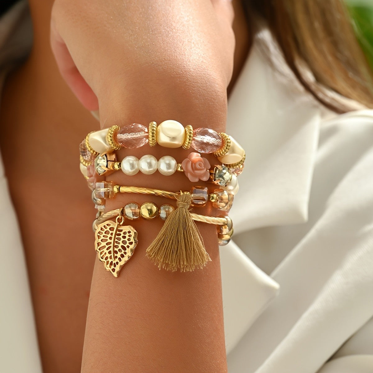 Boho Leaf Tassel Stacking Bracelet Set