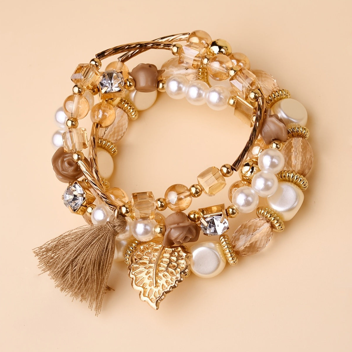 Boho Leaf Tassel Stacking Bracelet Set