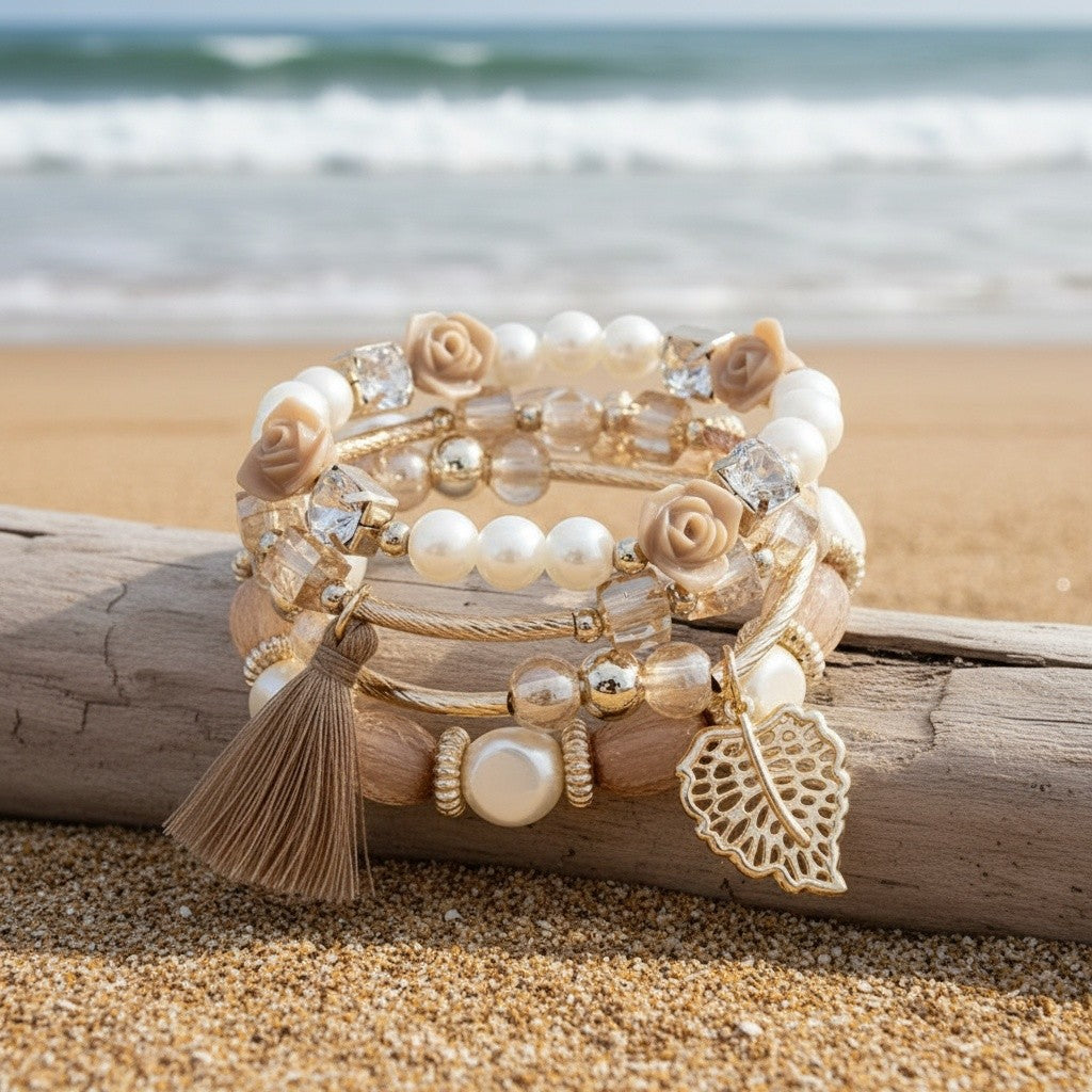 Boho Leaf Tassel Stacking Bracelet Set