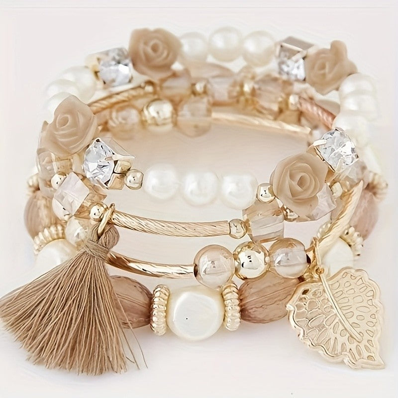 Boho Leaf Tassel Stacking Bracelet Set