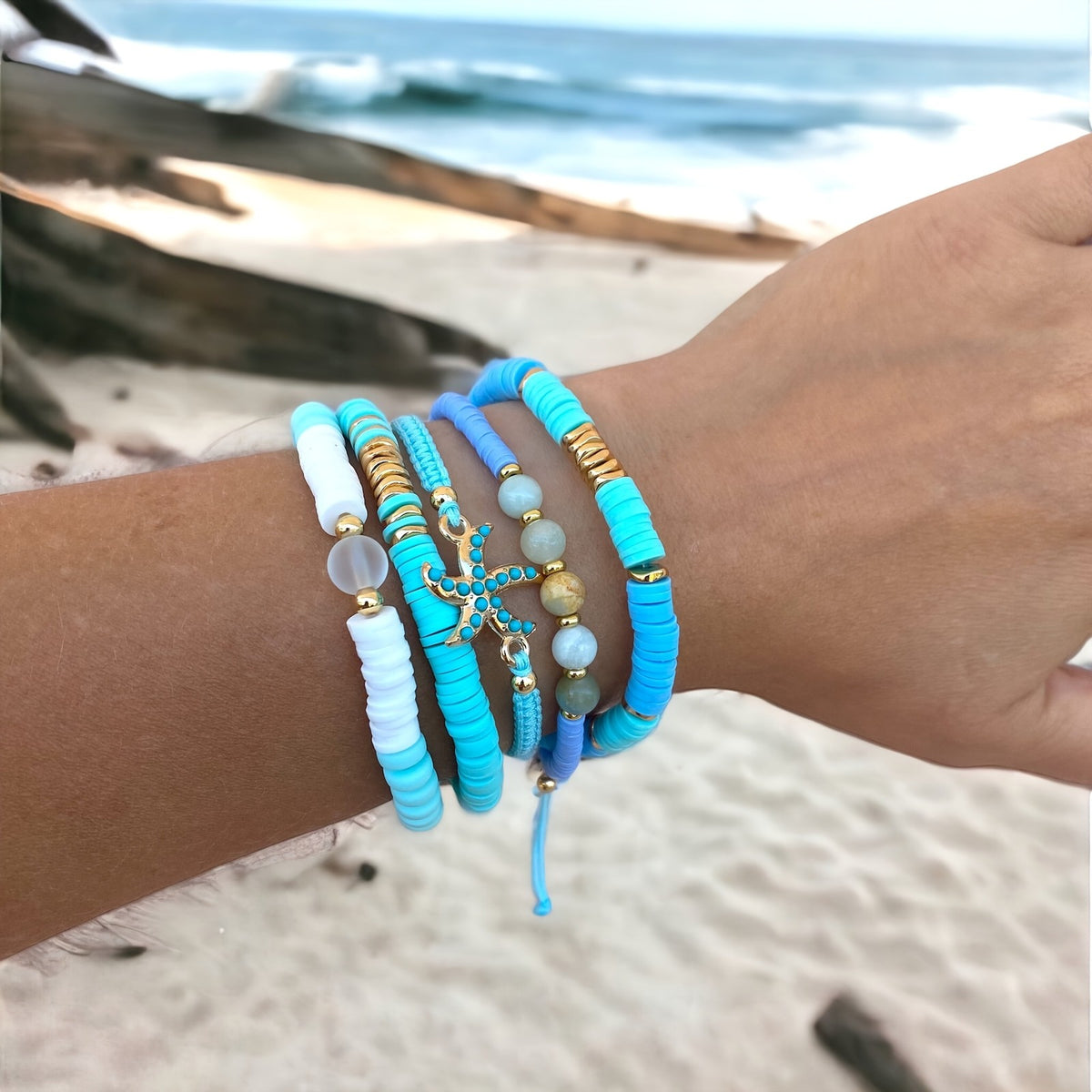 Boho Turquoise Starfish Beaded Bracelet Set