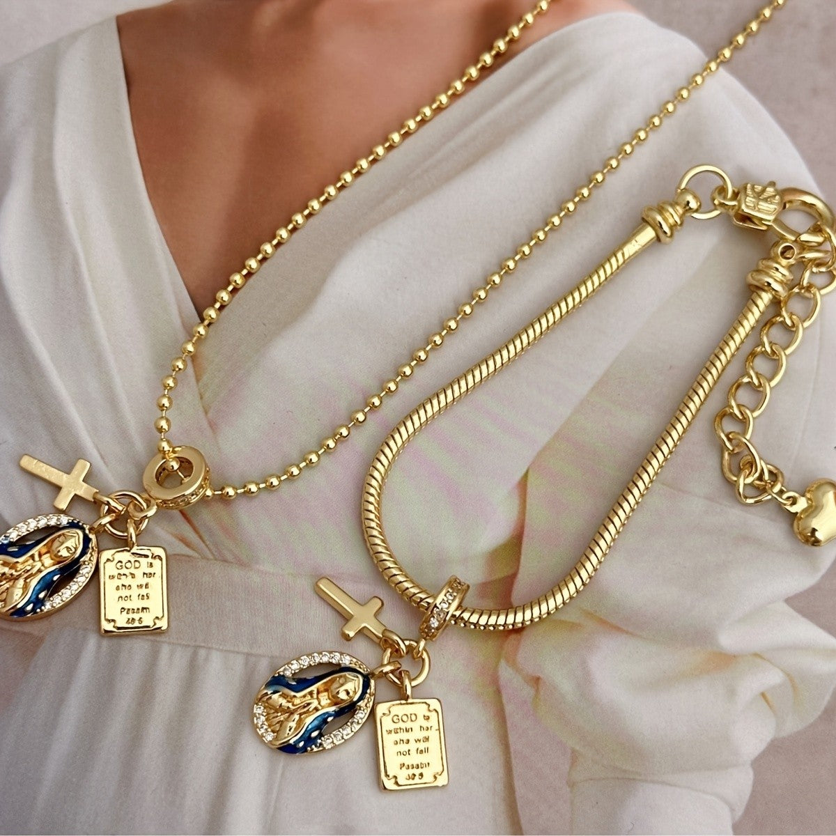18k Elegant Virgin Mary Necklace & Bracelet Set