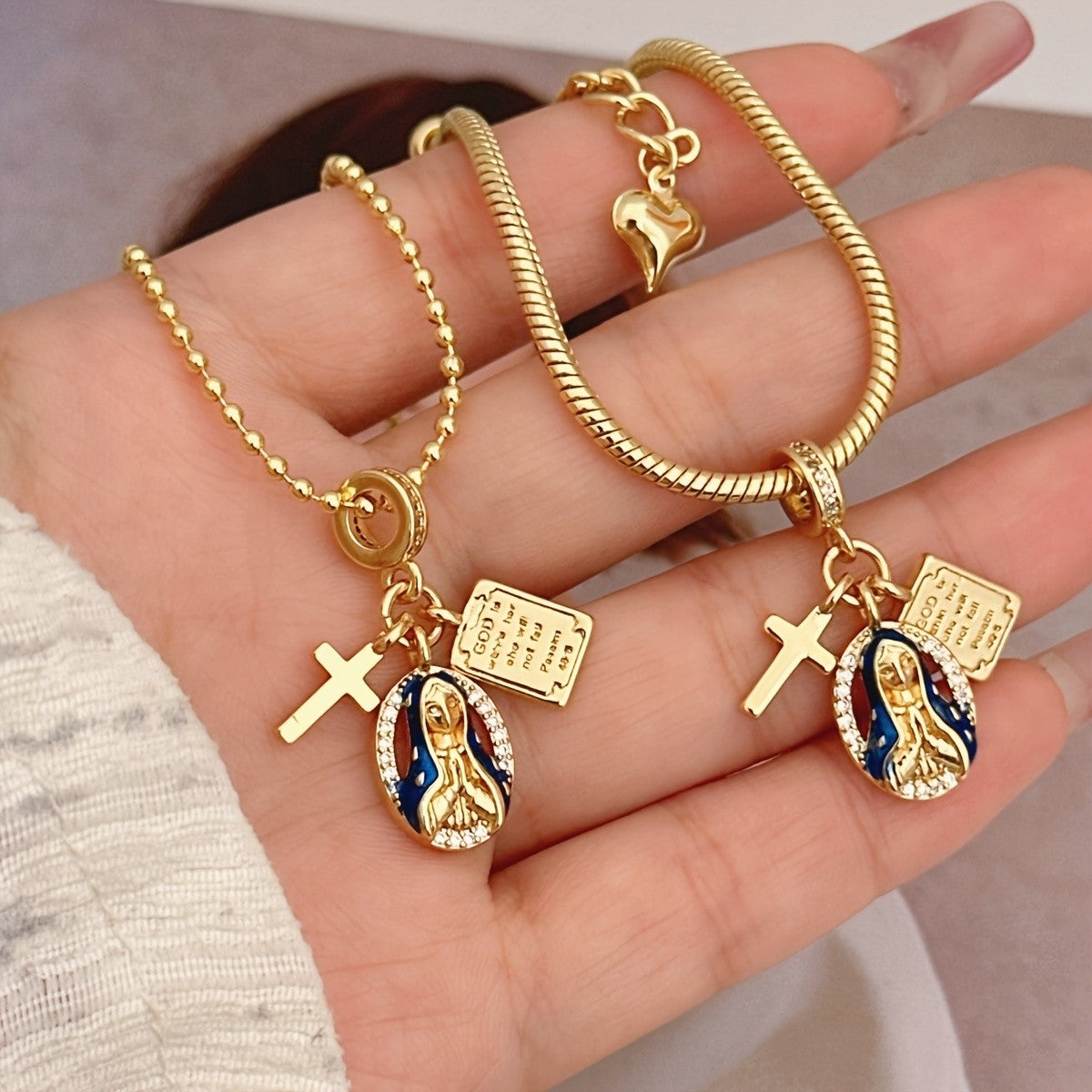 18k Elegant Virgin Mary Necklace & Bracelet Set