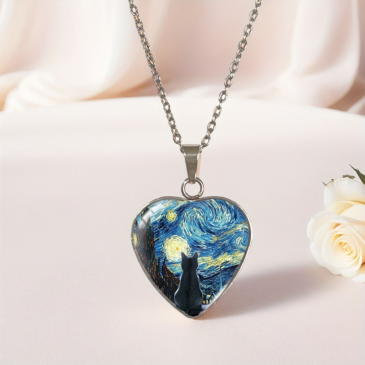 Romantic Starry Night Cat Heart Necklace