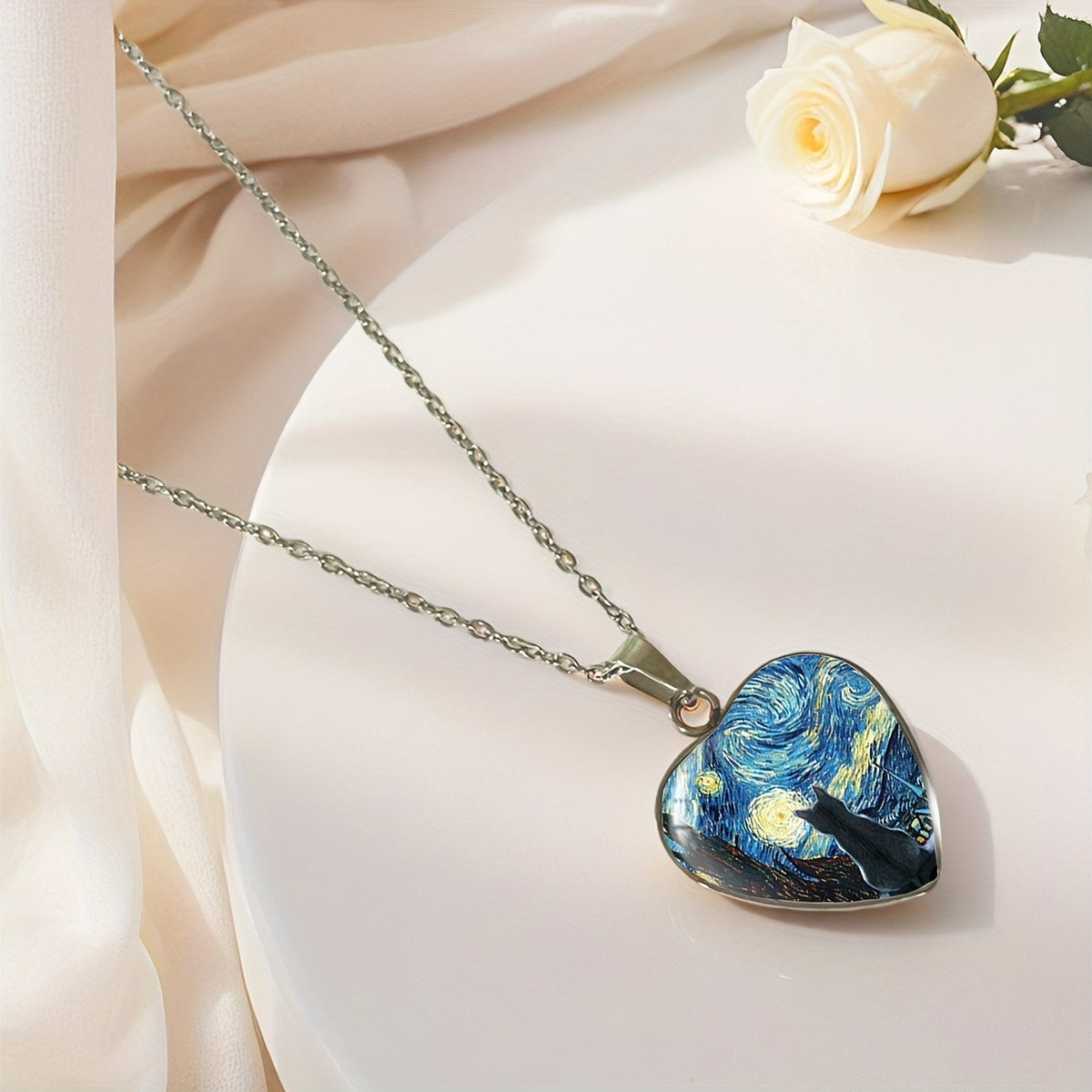 Romantic Starry Night Cat Heart Necklace