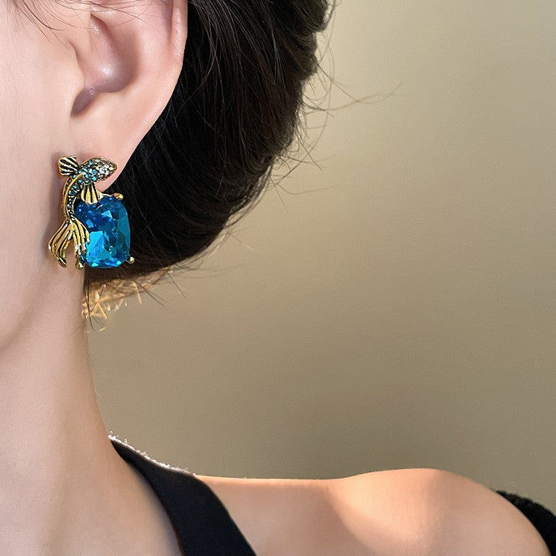 Classy Blue Gemstone Fish Earrings