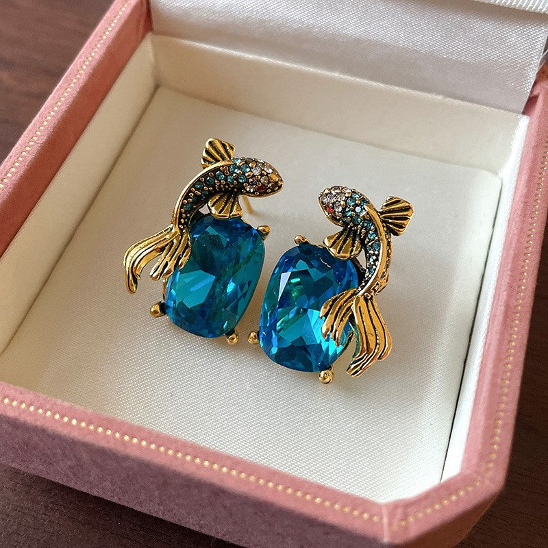 Classy Blue Gemstone Fish Earrings