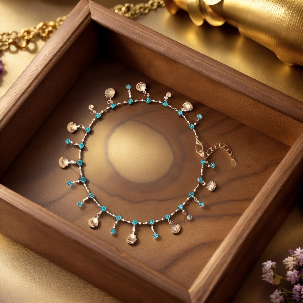 Boho Blue Rhinestone Shell Anklet