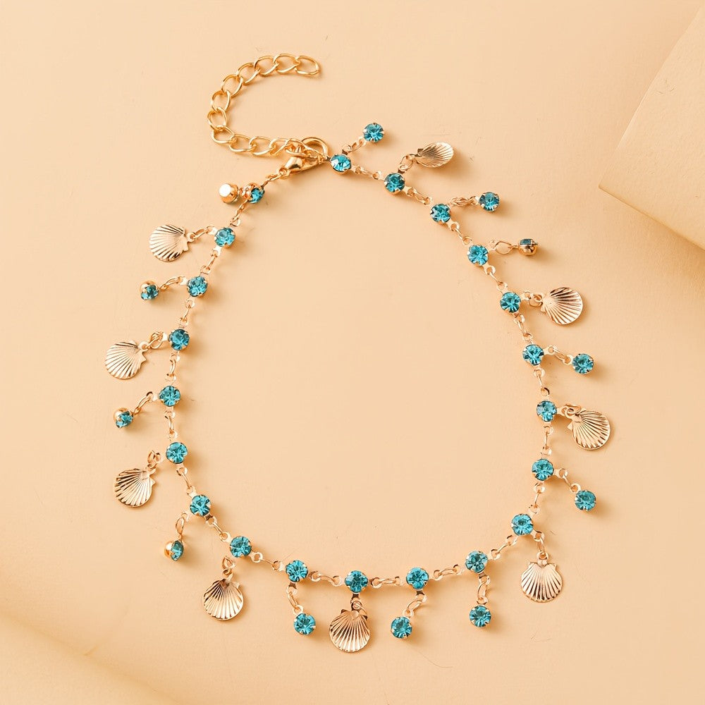 Boho Blue Rhinestone Shell Anklet