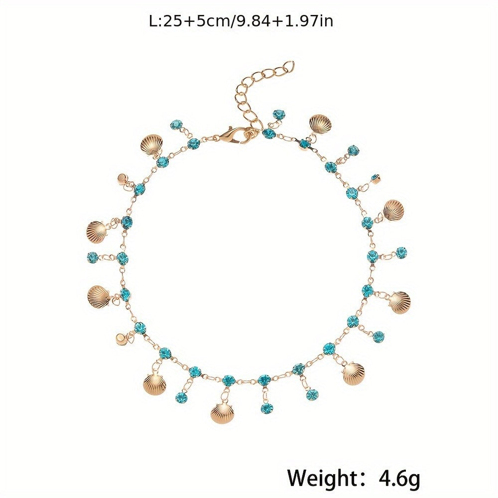 Boho Blue Rhinestone Shell Anklet