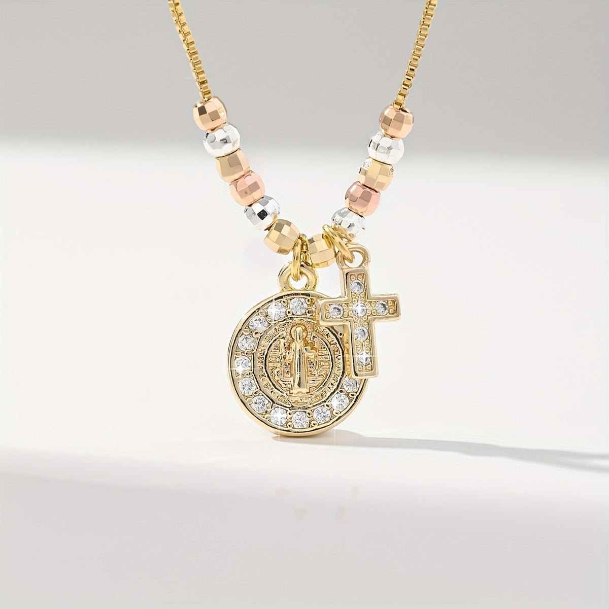 14k Boho Religious Cross Medal Necklace