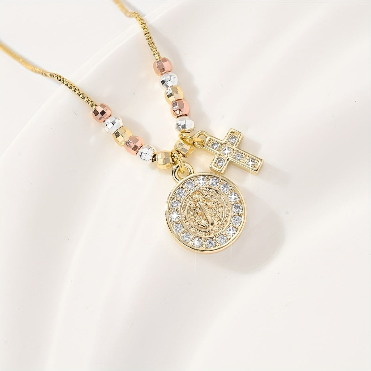 14k Boho Religious Cross Medal Necklace