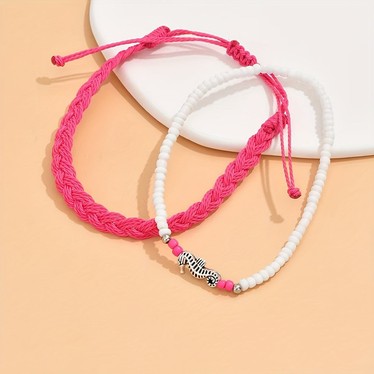 2pc Boho Woven & Beaded Seahorse Anklet Set