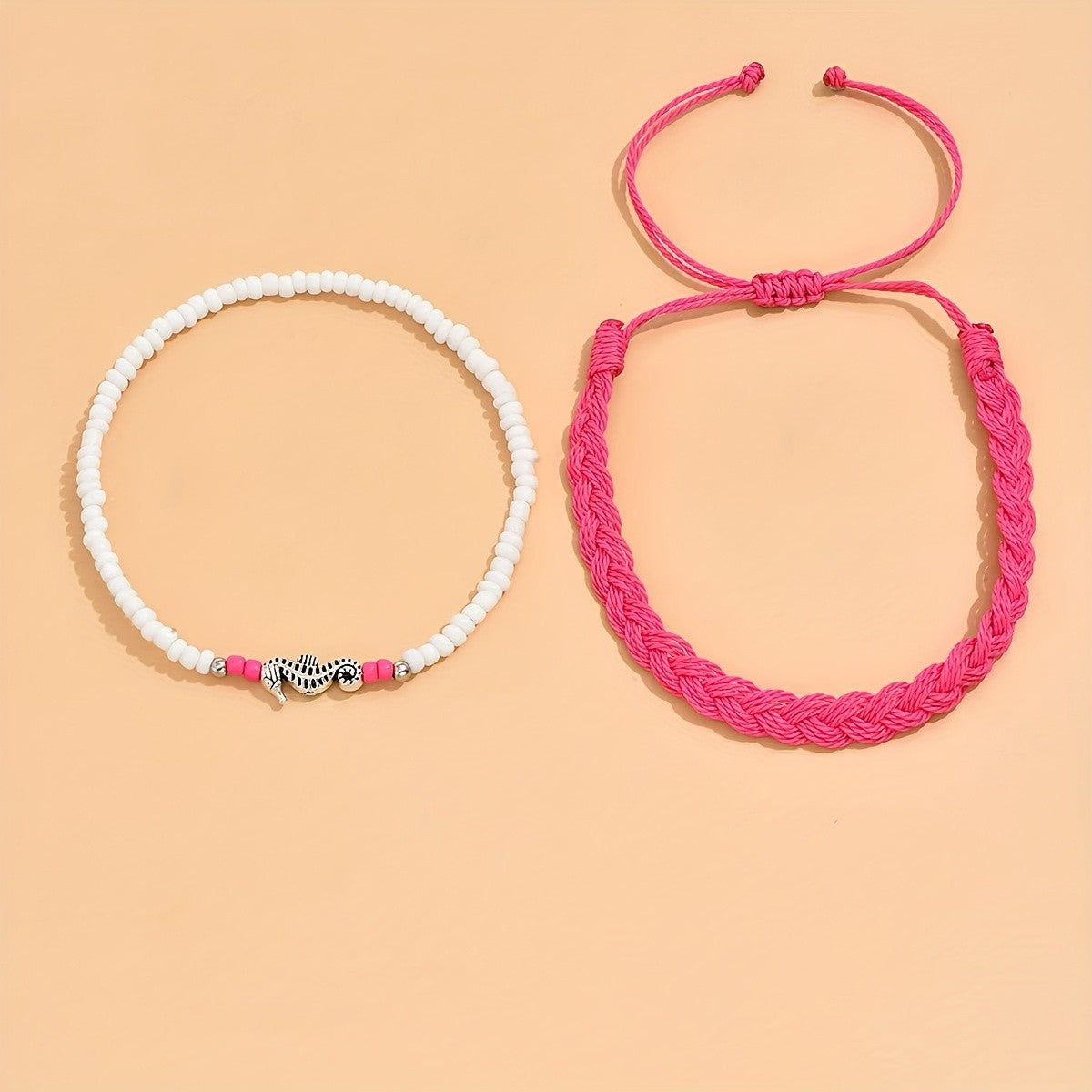 2pc Boho Woven & Beaded Seahorse Anklet Set