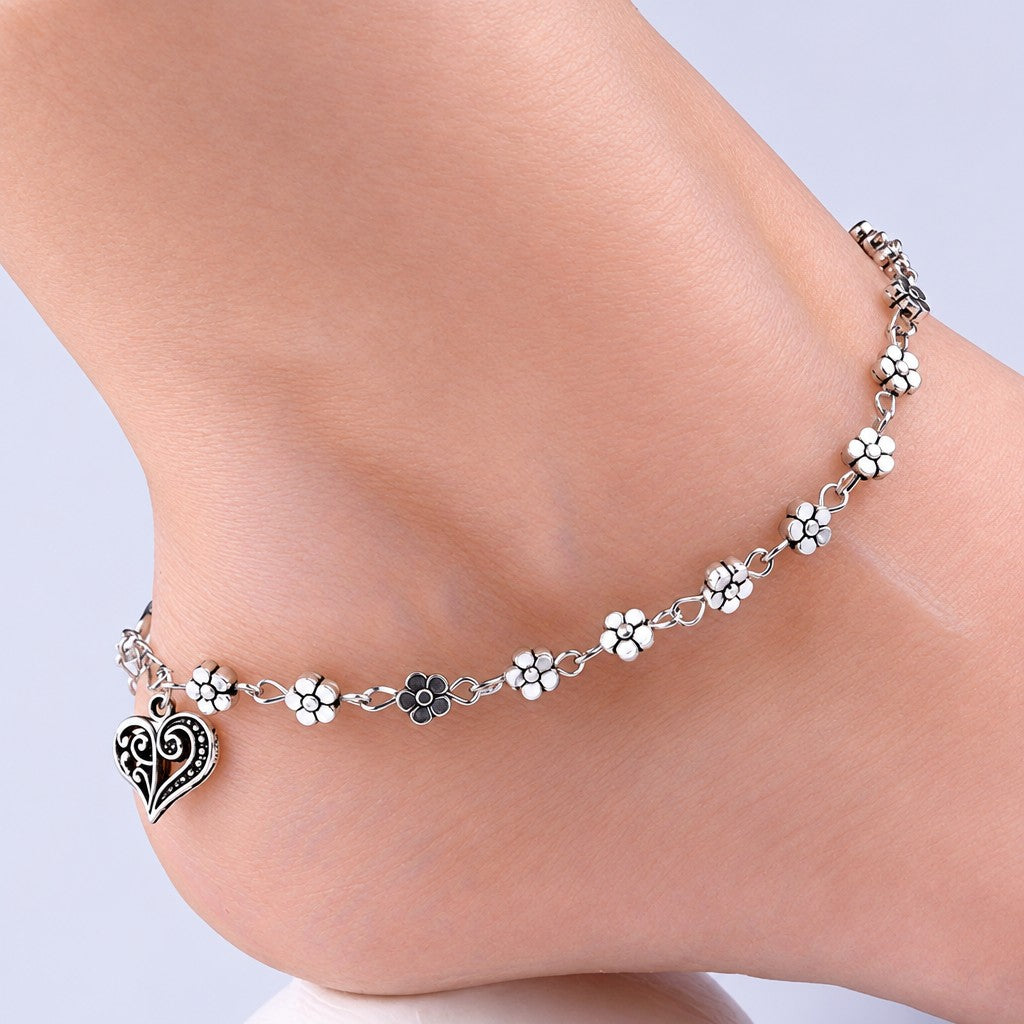 Dainty Floral Blossom Heart Anklet