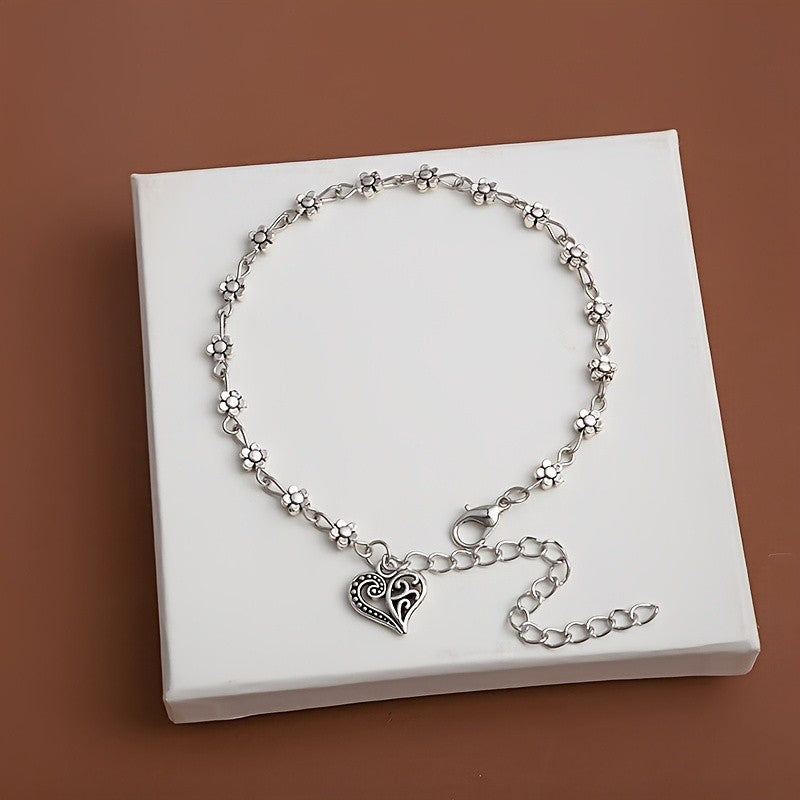 Dainty Floral Blossom Heart Anklet