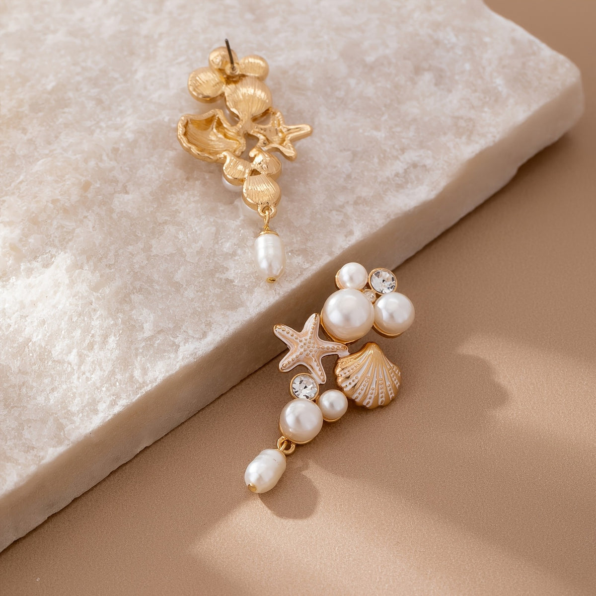 14k Boho Starfish Shell Pearl Earrings