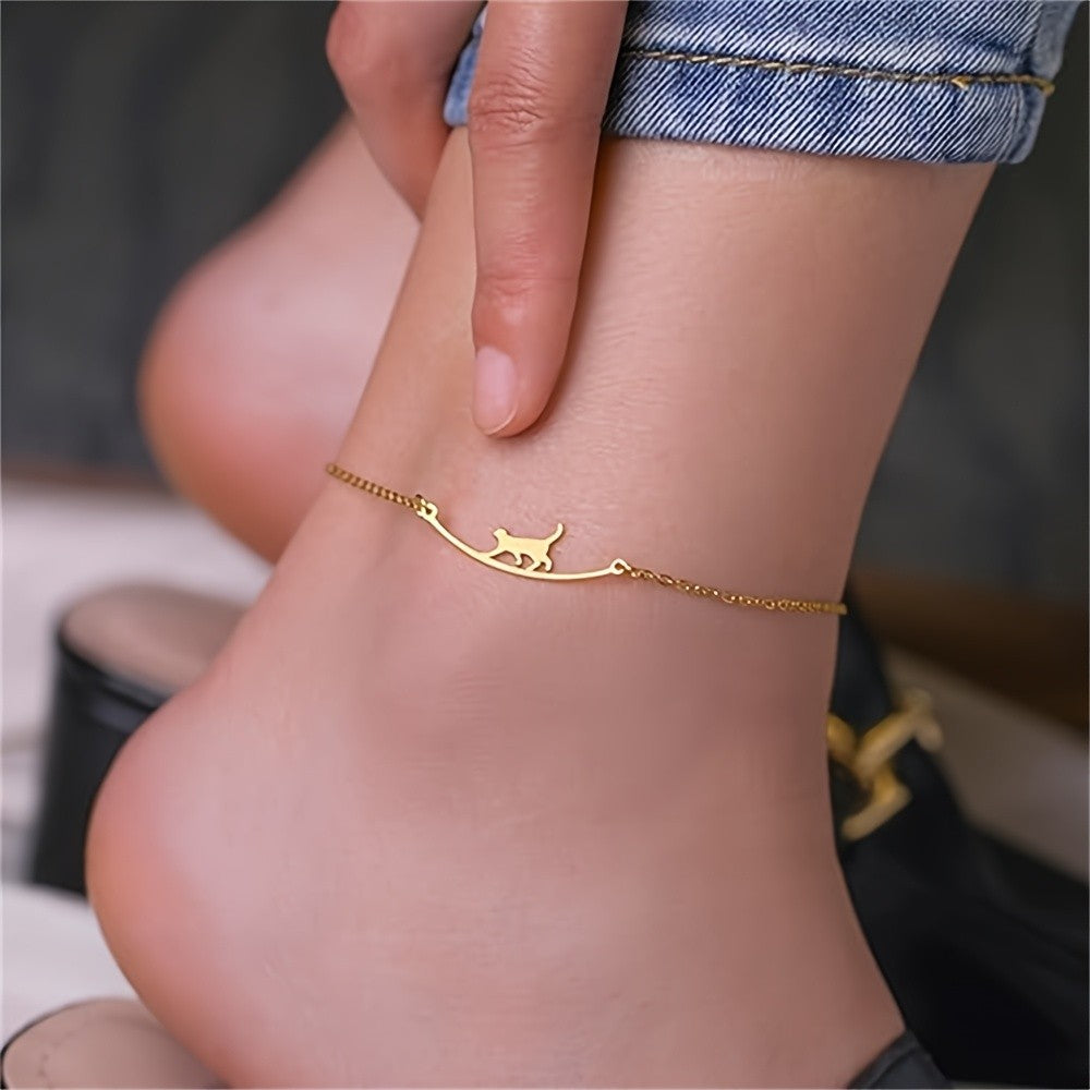 14k Dainty Cat Silhouette Anklet