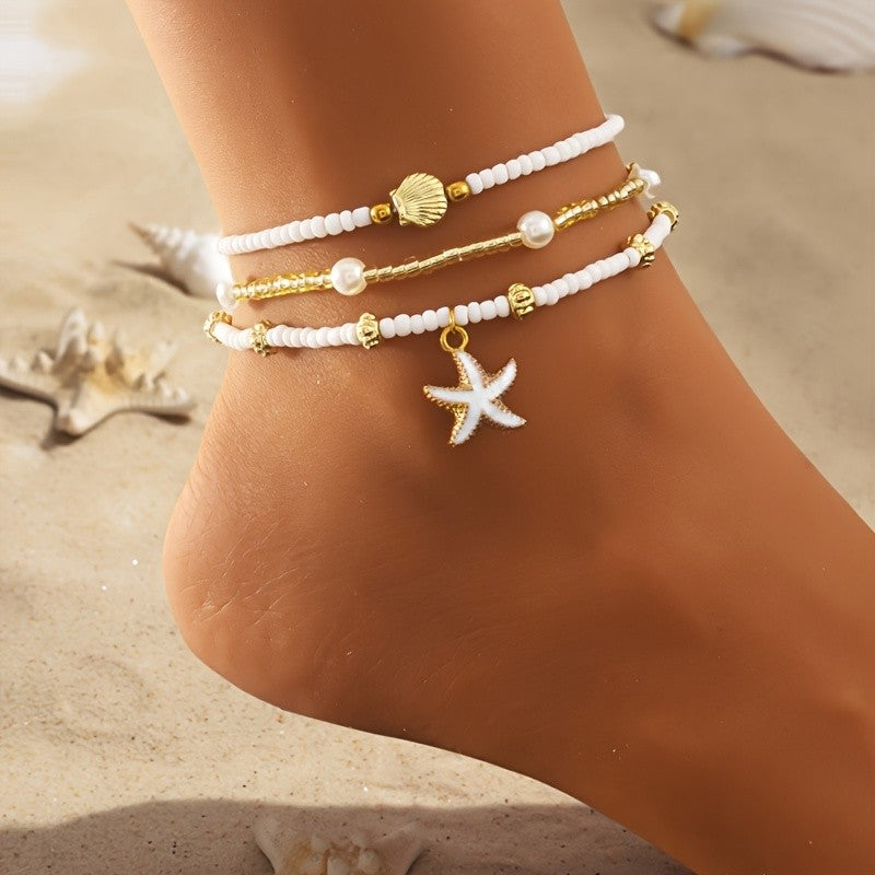 3pc Boho Starfish Shell Anklet Set