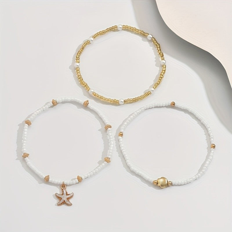 3pc Boho Starfish Shell Anklet Set