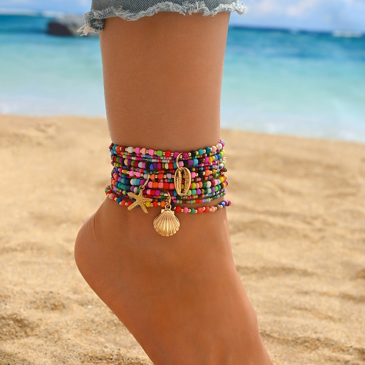 Boho Multi-Strand Colorful Bead Anklet Set