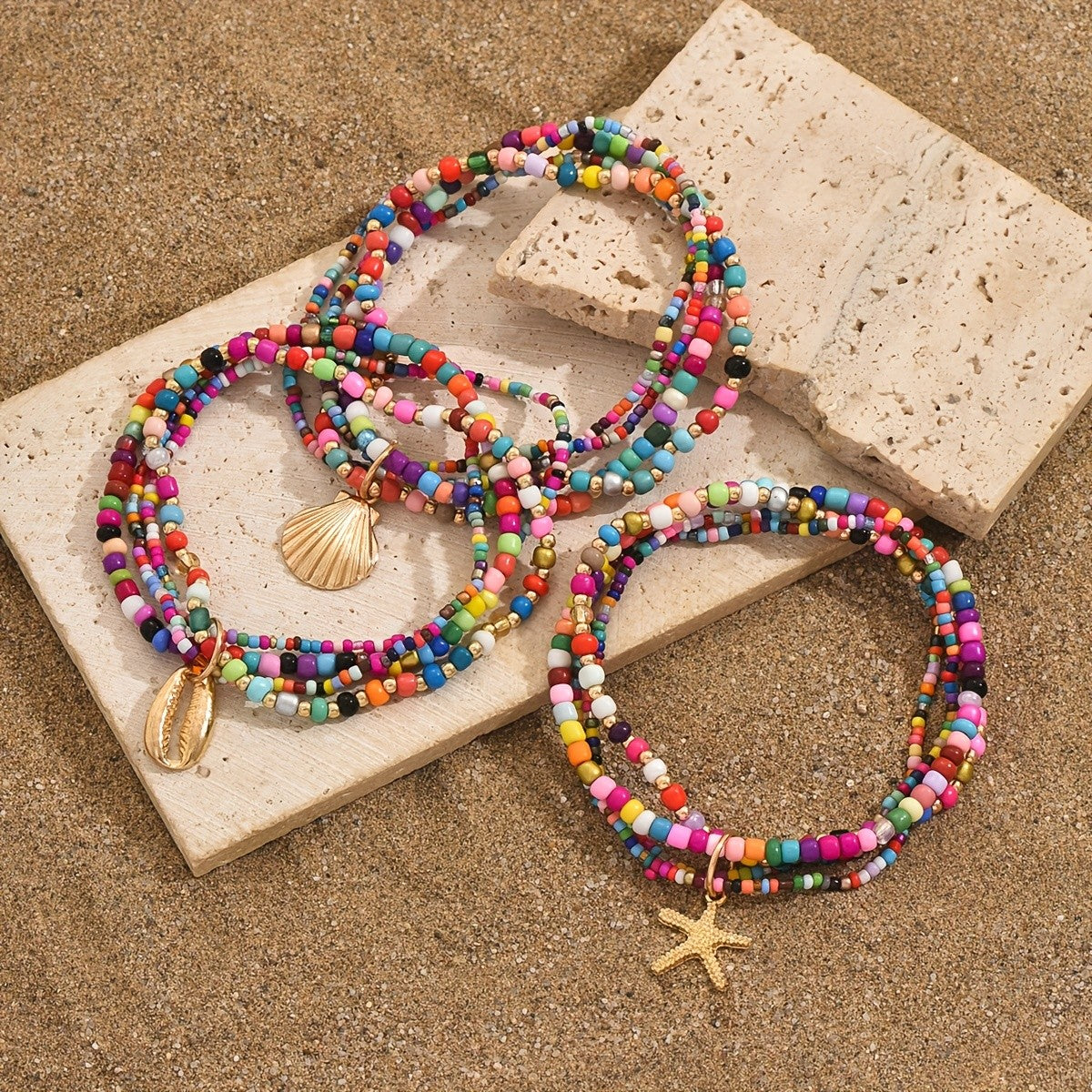 Boho Multi-Strand Colorful Bead Anklet Set