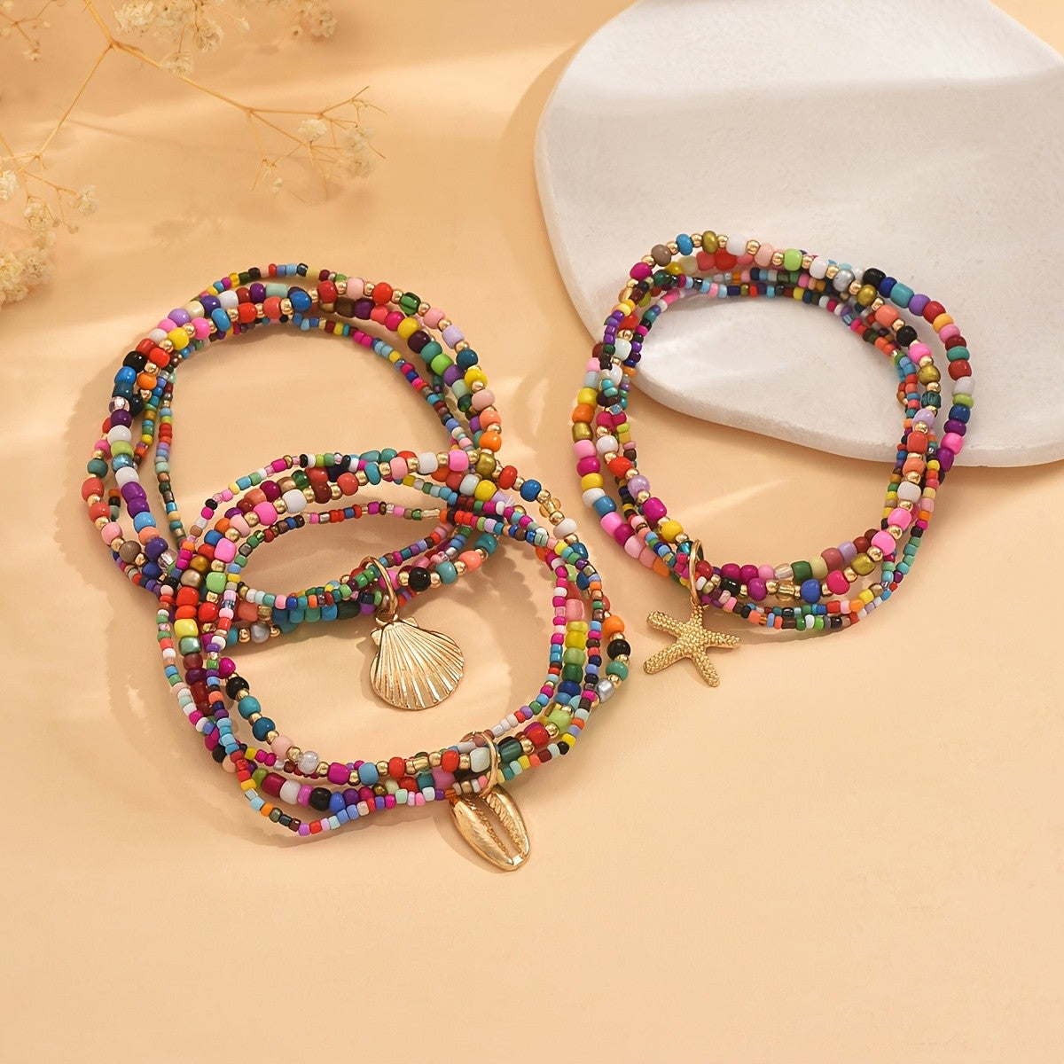 Boho Multi-Strand Colorful Bead Anklet Set