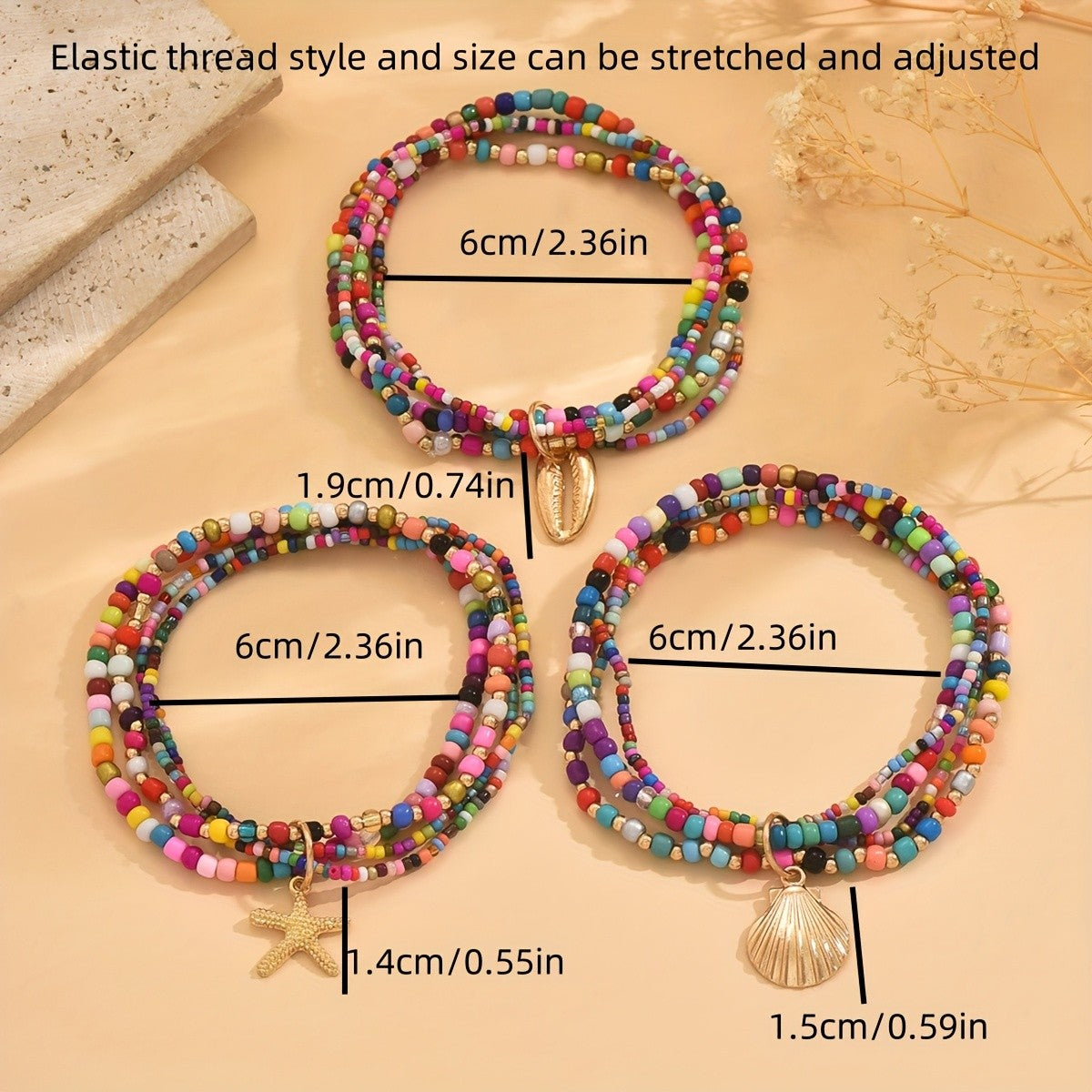 Boho Multi-Strand Colorful Bead Anklet Set