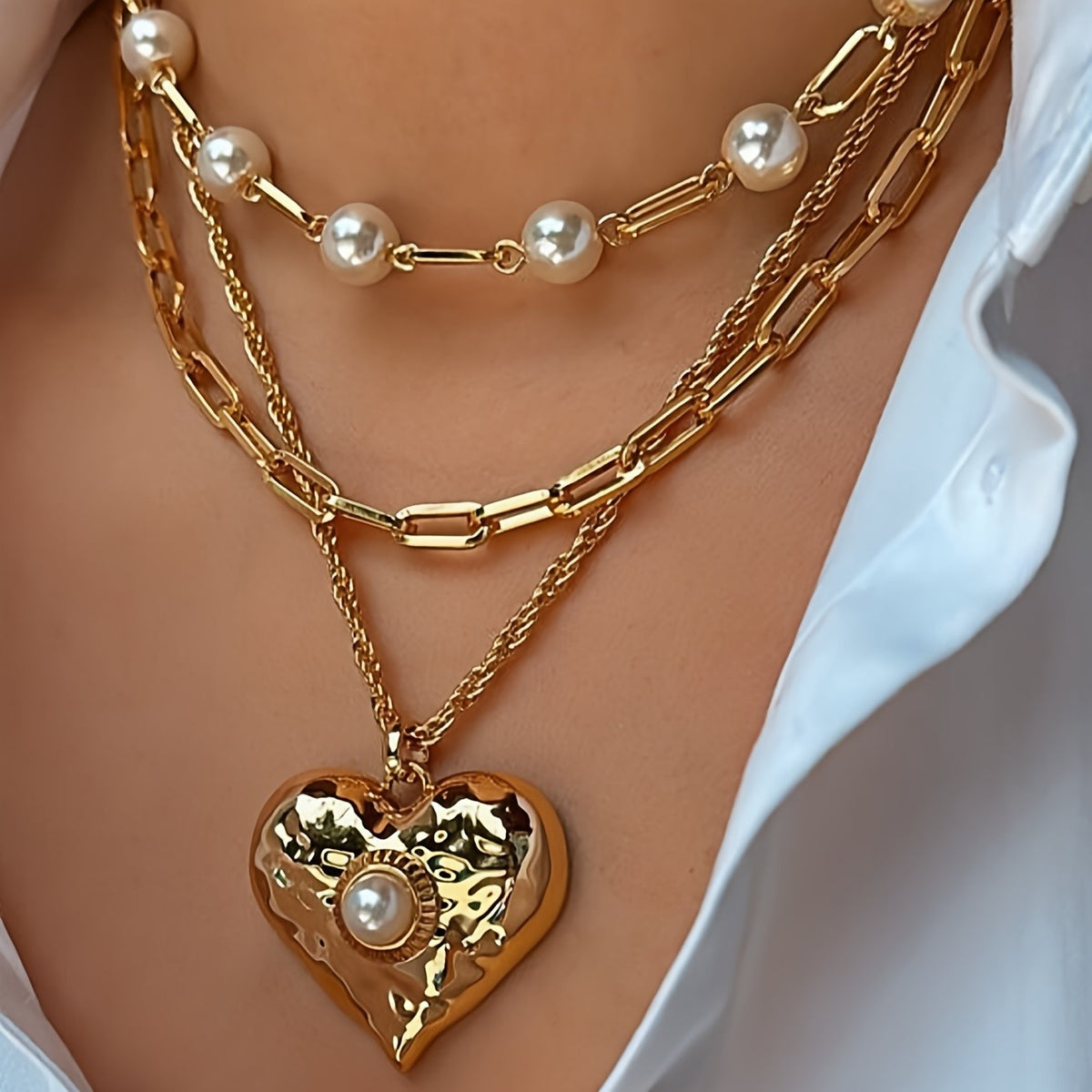 Elegant Layered Pearl Heart Necklace Set
