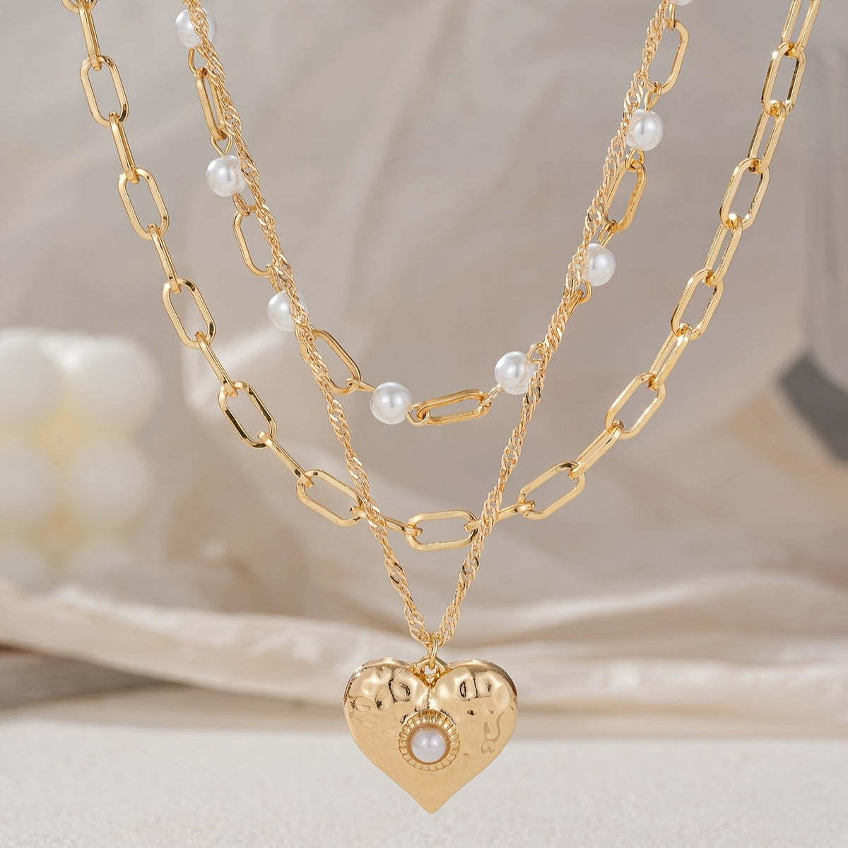 Elegant Layered Pearl Heart Necklace Set