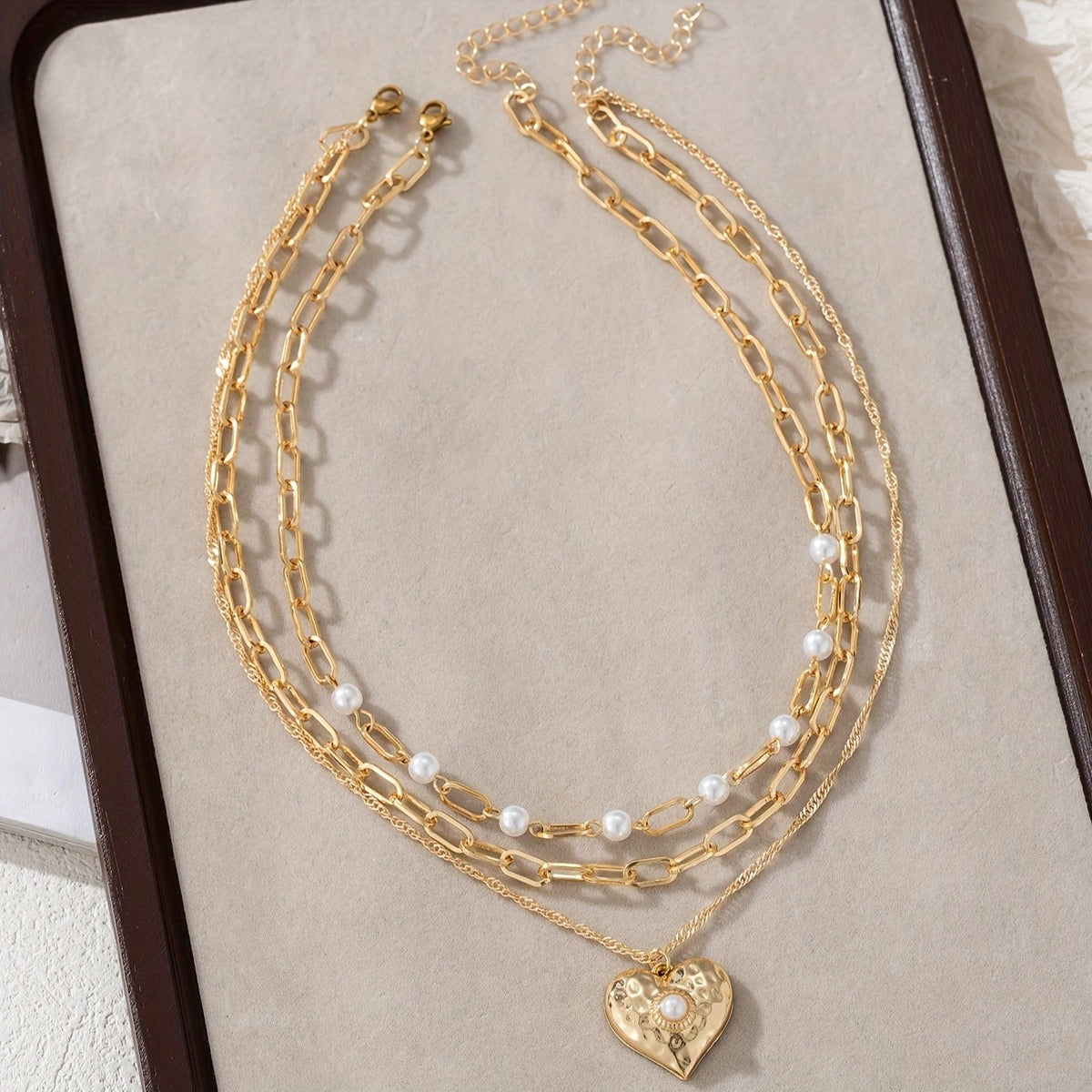 Elegant Layered Pearl Heart Necklace Set