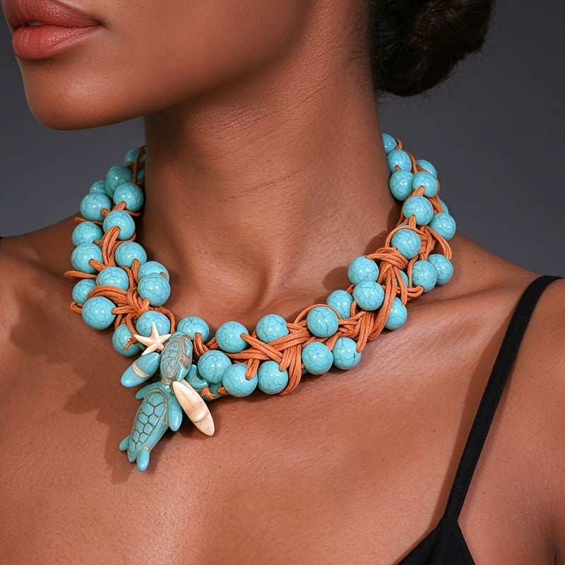 Boho Woven Turquoise Sea Turtle Necklace
