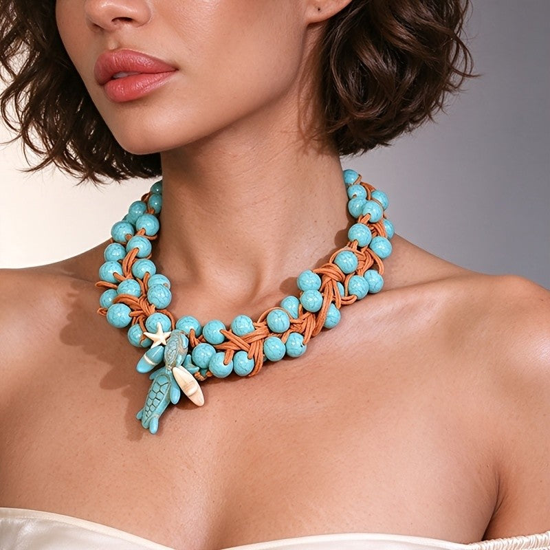 Boho Woven Turquoise Sea Turtle Necklace